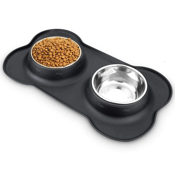Double Stainless Steel Dog Bowl Set - Anti-Slip Feeder with Silicone Mat