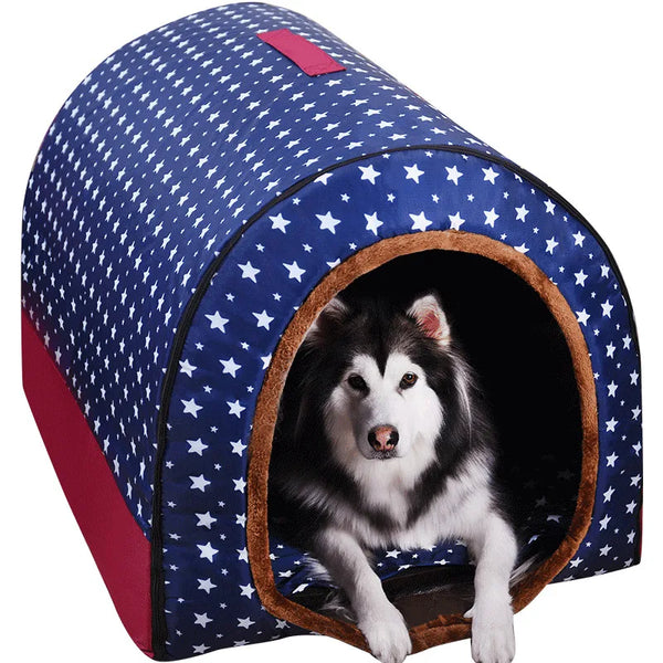 Star Print Pet House Bed - Foldable Warm Kennel for Dogs and Cats