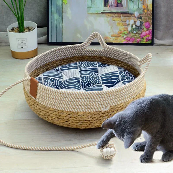 Woven Summer Cat Bed - Breathable Rattan Sleeping House
