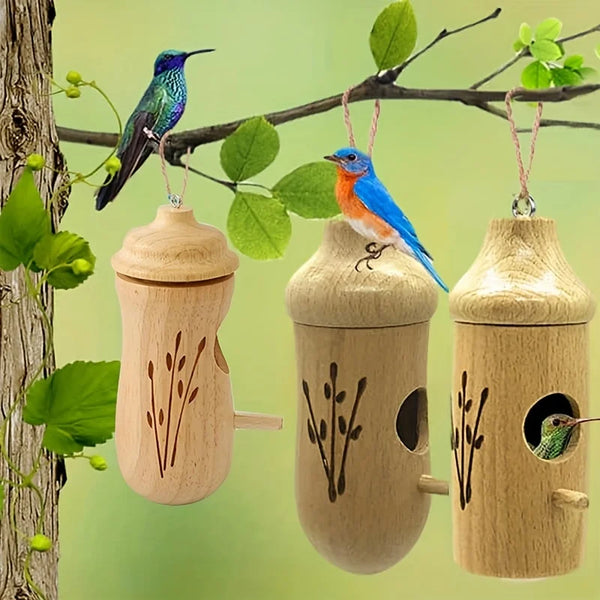 Wooden Hanging Hummingbird House - Decorative Outdoor Bird Nest Chalet