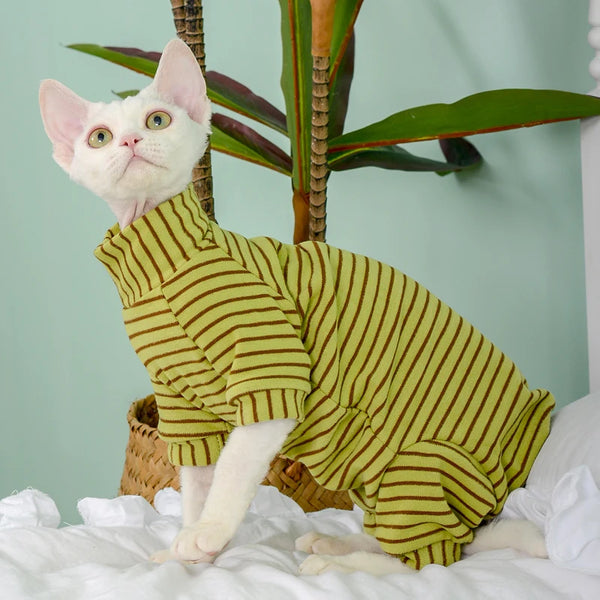 Green Striped Sphynx Cat Jumpsuit - Soft Four-Legged Loungewear