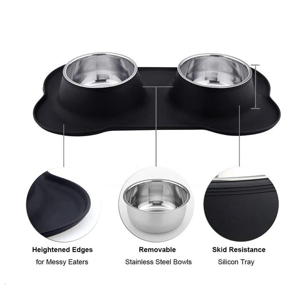 Double Stainless Steel Dog Bowl Set - Anti-Slip Feeder with Silicone Mat