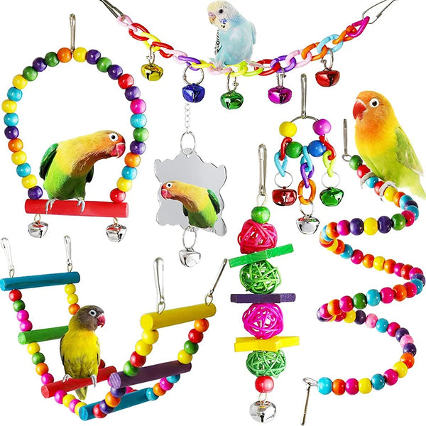 7-Piece Wooden Parrot Toy Set - Cage Swing, Bridge and Bell Toys