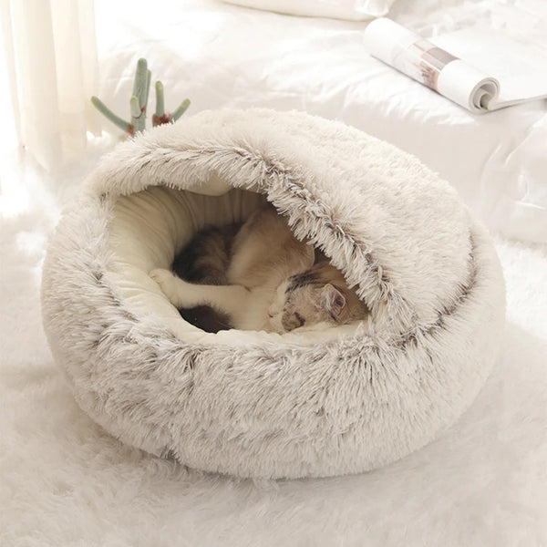 Plush Covered Pet Bed - Round Warm Nest Cave for Small Pets