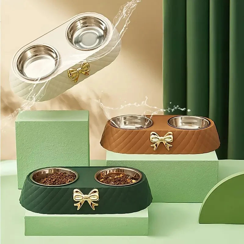 Double Pet Food and Water Bowl - Bowtie Feeding Set for Cats & Dogs