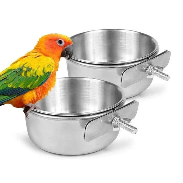 Stainless Steel Bird Food Cup - Clamp-On Feeder Bowl for Parrots and Lovebirds