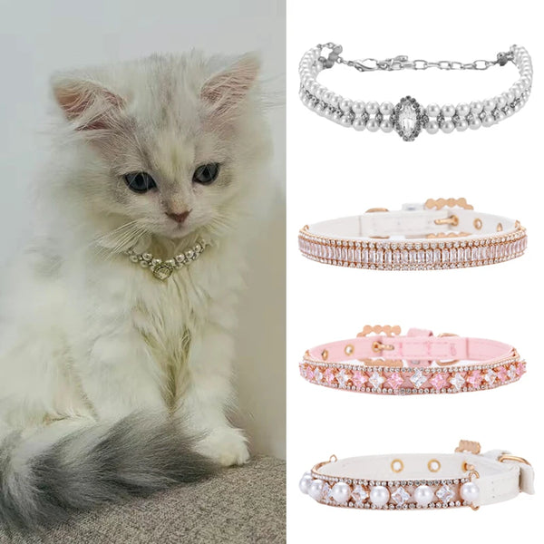 Pearl Rhinestone Pet Necklace Collar - Luxury Accessory for Cats and Small Dogs