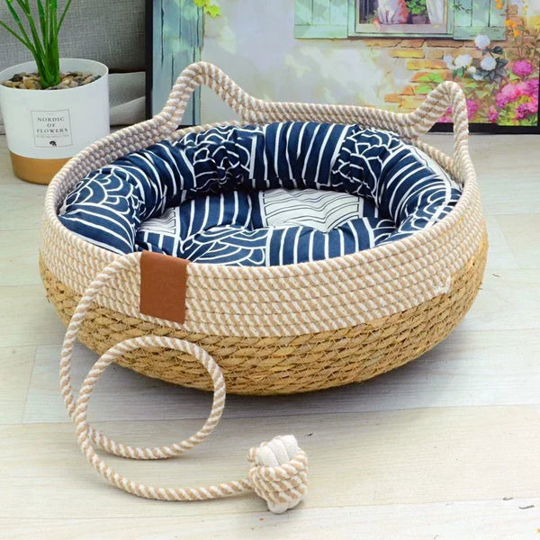 Woven Summer Cat Bed - Breathable Rattan Sleeping House