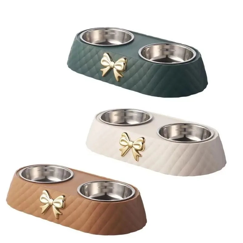 Double Pet Food and Water Bowl - Bowtie Feeding Set for Cats & Dogs