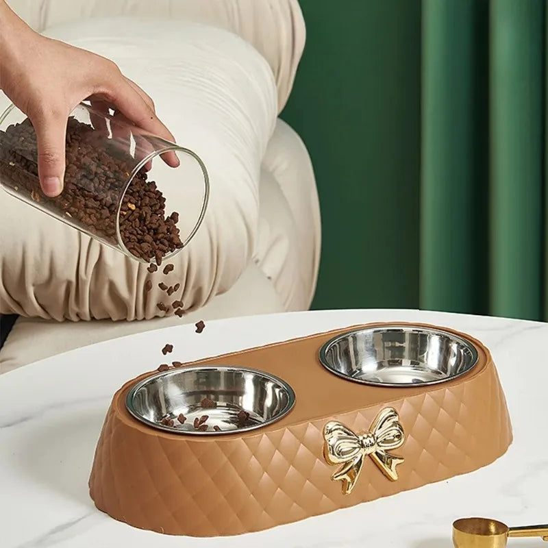Double Pet Food and Water Bowl - Bowtie Feeding Set for Cats & Dogs