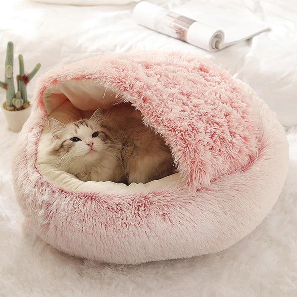 Plush Covered Pet Bed - Round Warm Nest Cave for Small Pets