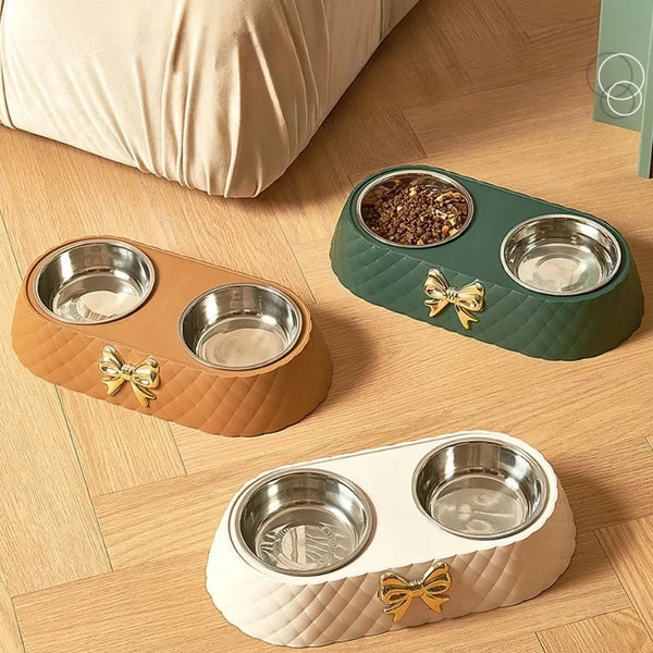 Double Pet Food and Water Bowl - Bowtie Feeding Set for Cats & Dogs