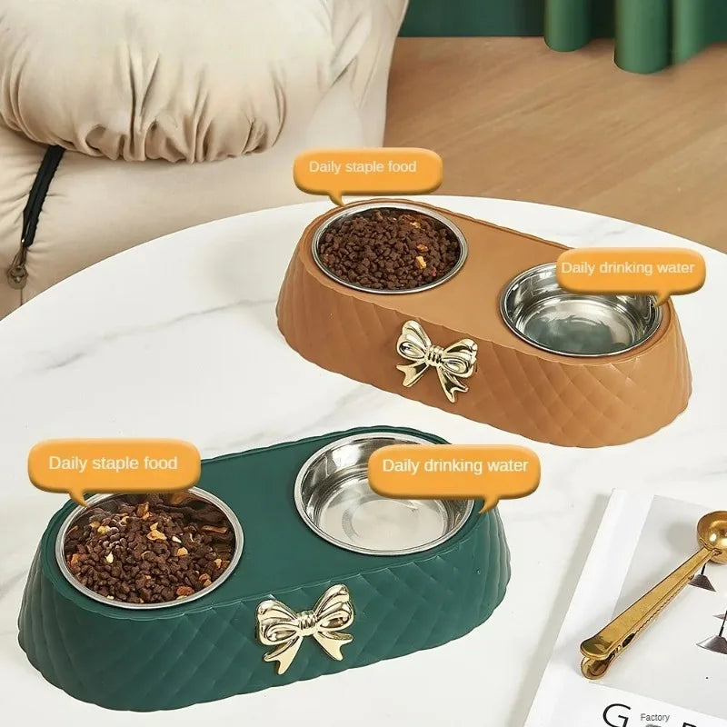 Double Pet Food and Water Bowl - Bowtie Feeding Set for Cats & Dogs