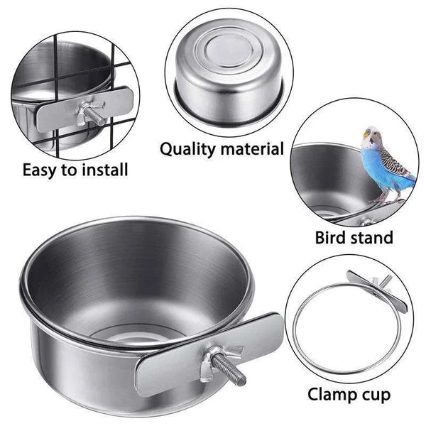 Stainless Steel Bird Food Cup - Clamp-On Feeder Bowl for Parrots and Lovebirds